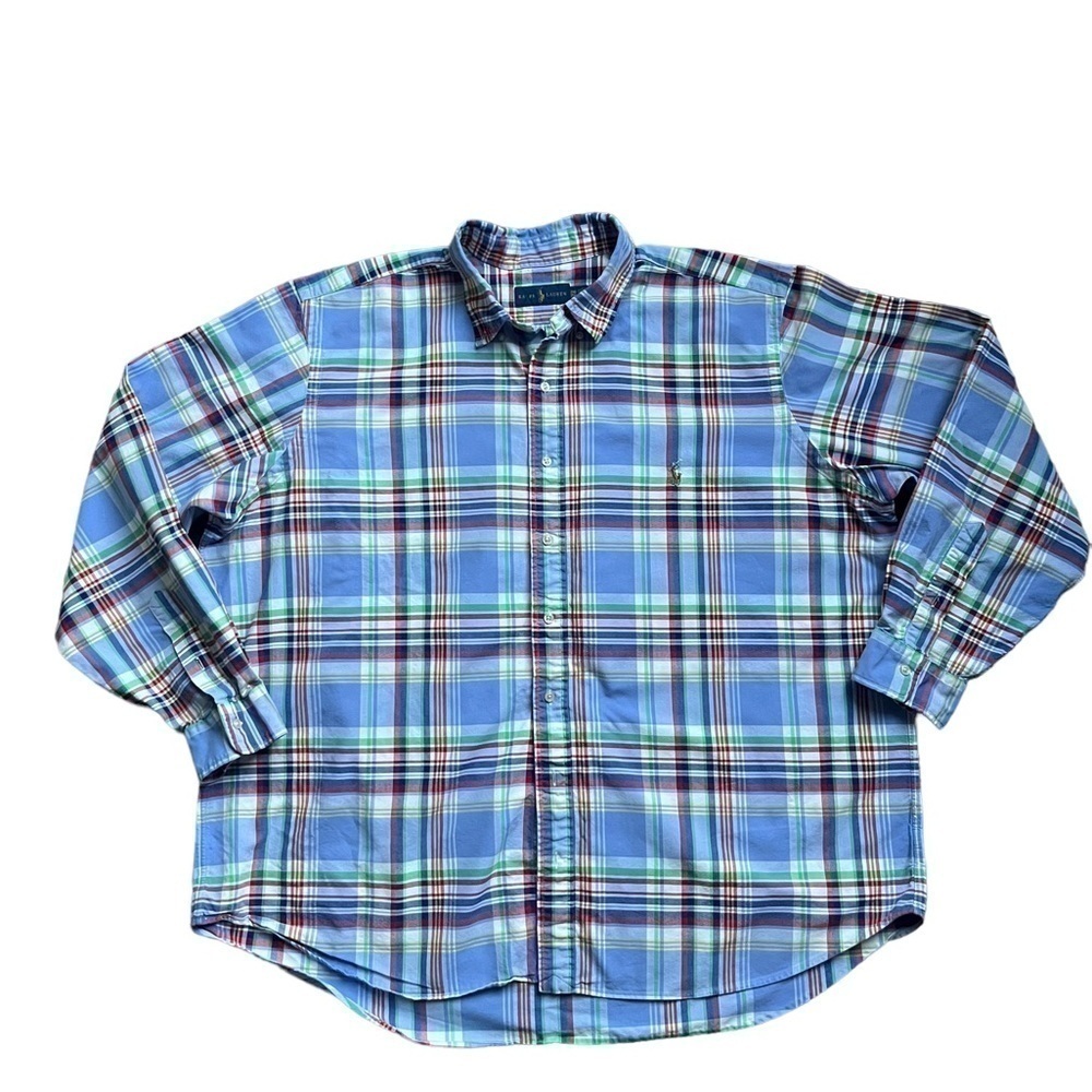 POLO RALPH LAUREN MEN'S NAVY GREEN LONG SLEEVE PLAID OXFORD SHIRT size 2XB. - Picture 2 of 7